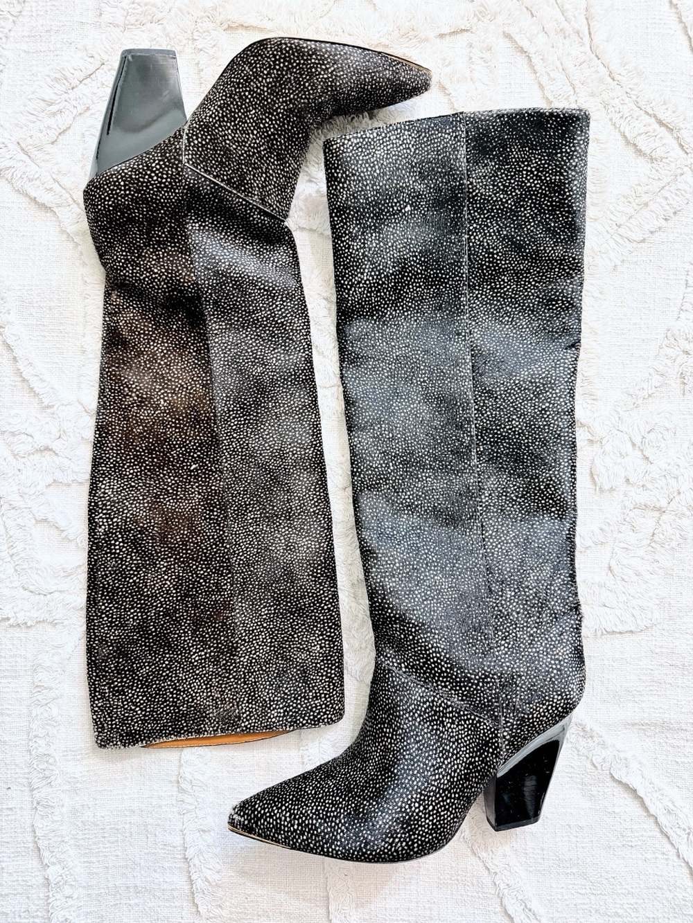 Tory Burch Lila Knee High Boots 11M Calf Hair Leather Black White